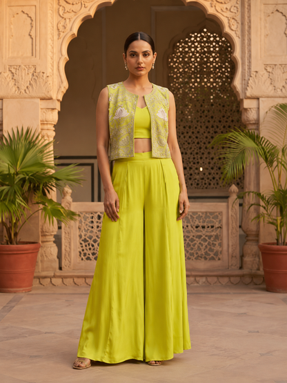 Lime Green Embroidered Palazzo Set with Sleeveless Jacket for Women