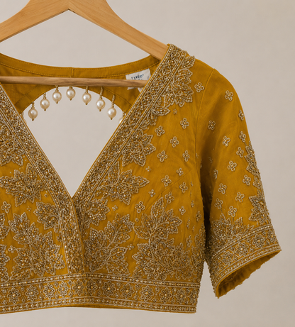 La Qayara Mustard Yellow Embroidered Georgette Lehenga Set for Women | Designer Crop Top, Flared Skirt & Potli Bag | Festive, Wedding & Party Wear
