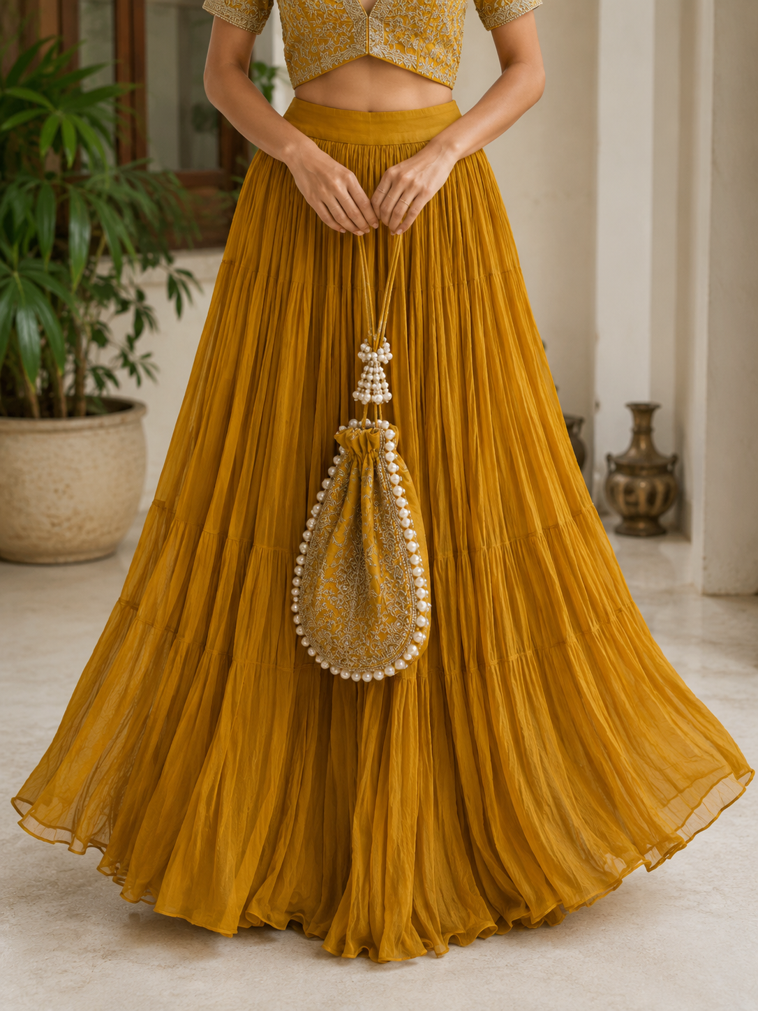La Qayara Mustard Yellow Embroidered Georgette Lehenga Set for Women | Designer Crop Top, Flared Skirt & Potli Bag | Festive, Wedding & Party Wear