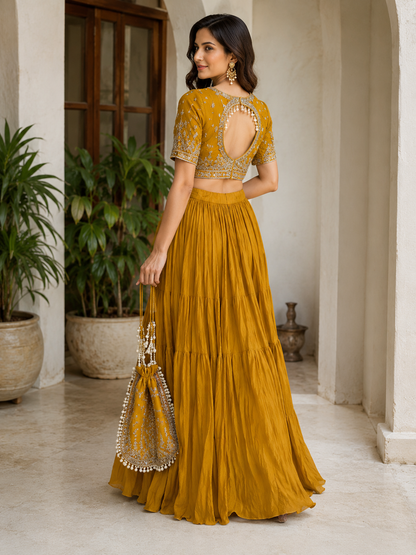 La Qayara Mustard Yellow Embroidered Georgette Lehenga Set for Women | Designer Crop Top, Flared Skirt & Potli Bag | Festive, Wedding & Party Wear
