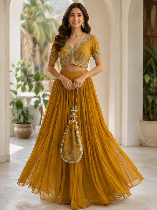 La Qayara Mustard Yellow Embroidered Georgette Lehenga Set for Women | Designer Crop Top, Flared Skirt & Potli Bag | Festive, Wedding & Party Wear