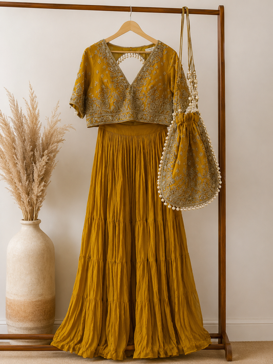 La Qayara Mustard Yellow Embroidered Georgette Lehenga Set for Women | Designer Crop Top, Flared Skirt & Potli Bag | Festive, Wedding & Party Wear