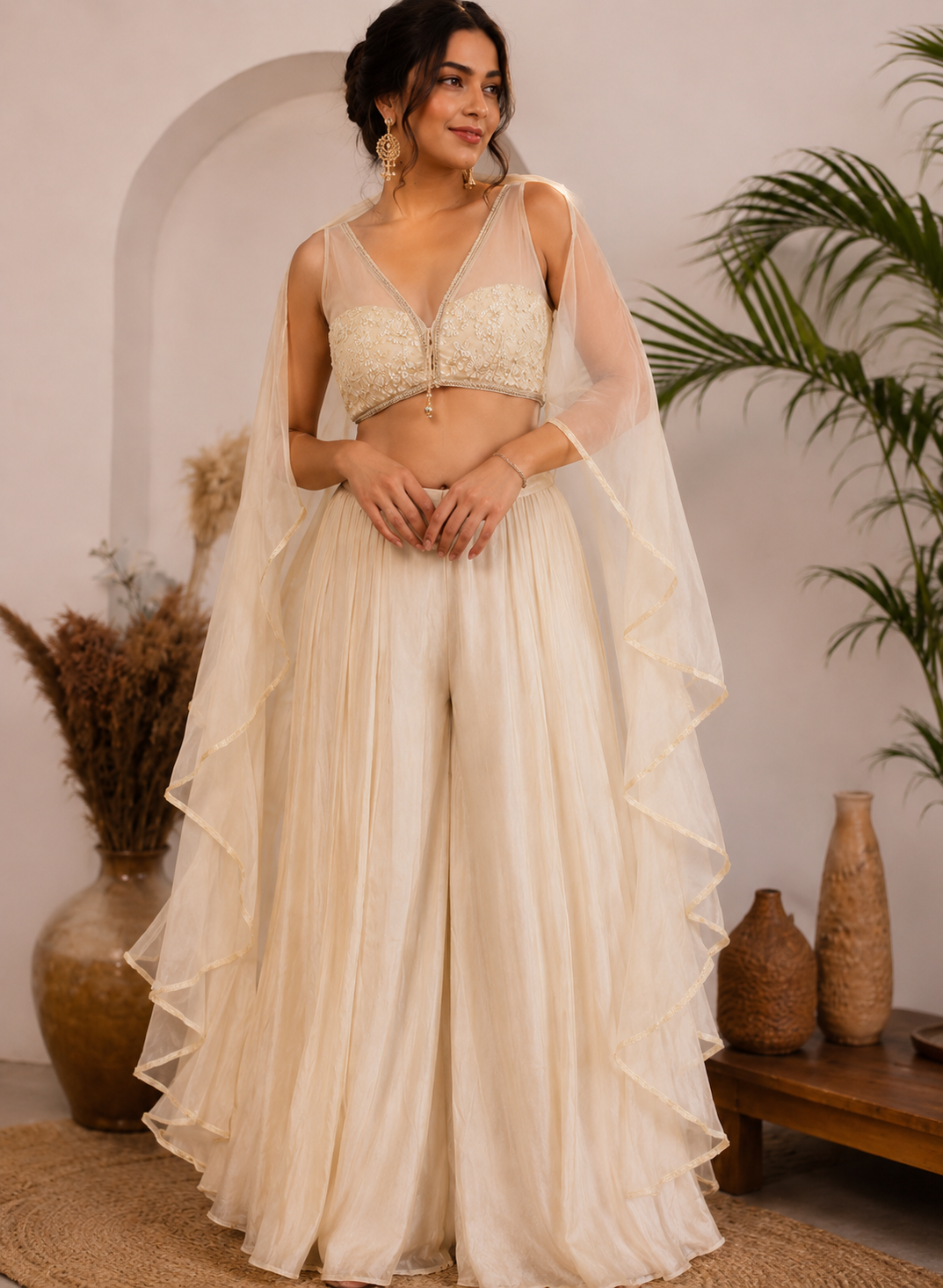 La Qayara Ivory Embroidered Cape Style Lehenga Set for Women | Designer Crop Blouse, Flared Lehenga & Organza Cape | Wedding, Reception & Party Wear