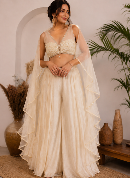 La Qayara Ivory Embroidered Cape Style Lehenga Set for Women | Designer Crop Blouse, Flared Lehenga & Organza Cape | Wedding, Reception & Party Wear