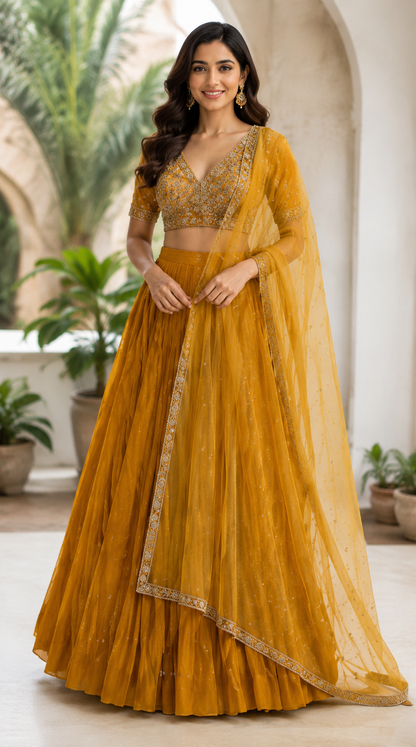 La Qayara Mustard Yellow Embroidered Lehenga Set for Women | Designer V-Neck Blouse, Flared Lehenga & Net Dupatta | Wedding, Haldi & Festive Wear