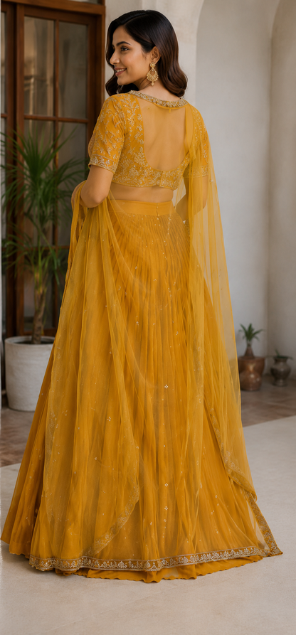 La Qayara Mustard Yellow Embroidered Lehenga Set for Women | Designer V-Neck Blouse, Flared Lehenga & Net Dupatta | Wedding, Haldi & Festive Wear