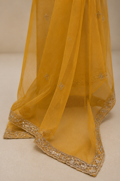 La Qayara Mustard Yellow Embroidered Lehenga Set for Women | Designer V-Neck Blouse, Flared Lehenga & Net Dupatta | Wedding, Haldi & Festive Wear