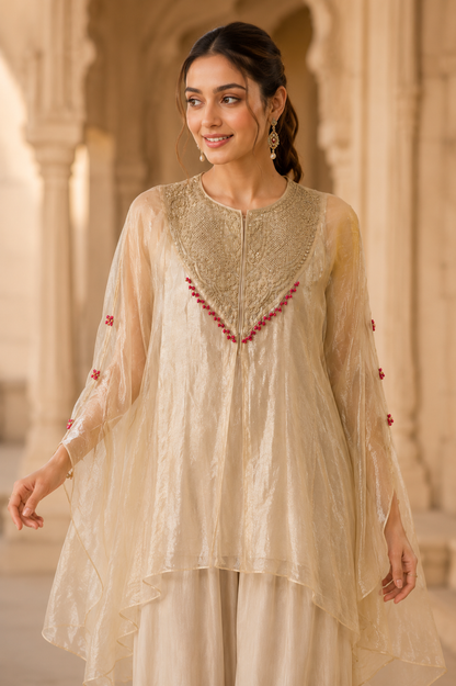 La Qayara Ivory Embroidered Kaftan Co-Ord Set for Women | Designer Cape Kurta with Palazzo Pants | Festive, Wedding & Party Wear