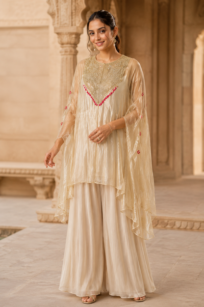La Qayara Ivory Embroidered Kaftan Co-Ord Set for Women | Designer Cape Kurta with Palazzo Pants | Festive, Wedding & Party Wear