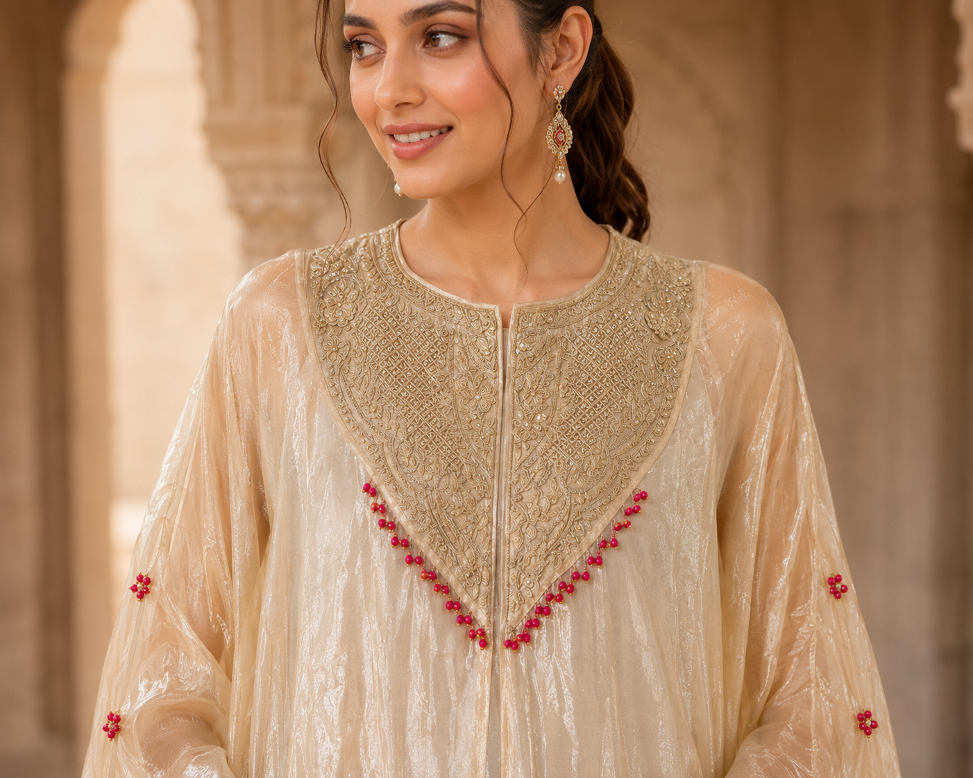 La Qayara Ivory Embroidered Kaftan Co-Ord Set for Women | Designer Cape Kurta with Palazzo Pants | Festive, Wedding & Party Wear