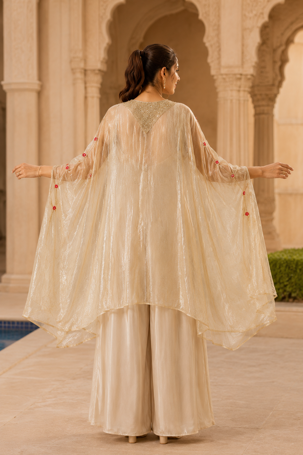 La Qayara Ivory Embroidered Kaftan Co-Ord Set for Women | Designer Cape Kurta with Palazzo Pants | Festive, Wedding & Party Wear