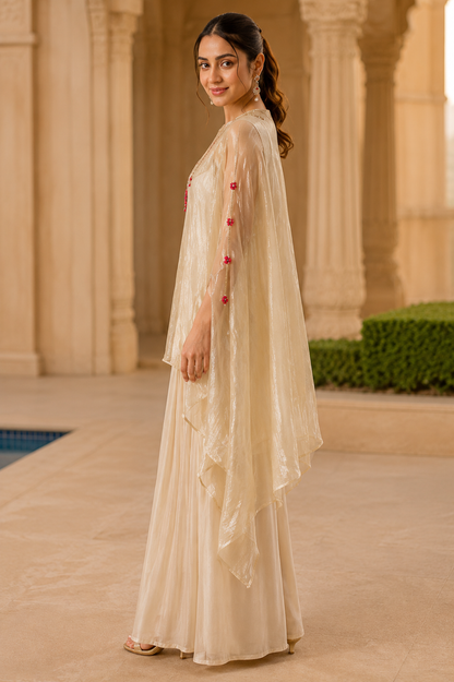 La Qayara Ivory Embroidered Kaftan Co-Ord Set for Women | Designer Cape Kurta with Palazzo Pants | Festive, Wedding & Party Wear