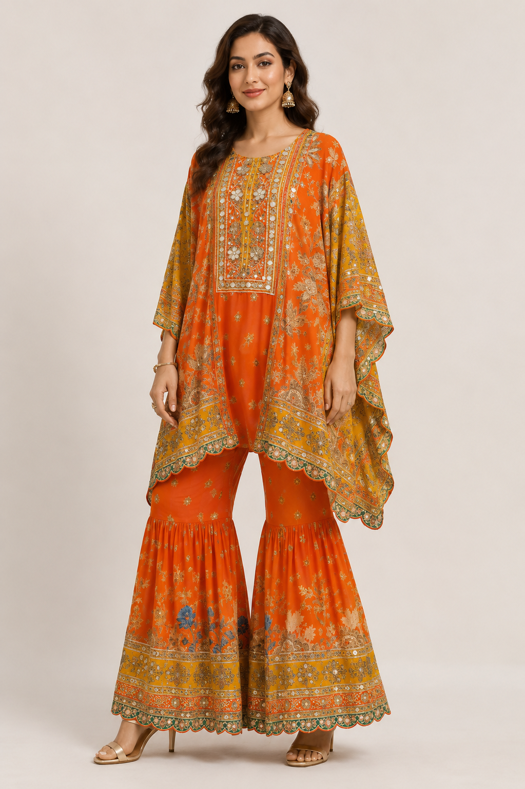 Orange & Mustard Printed Kaftan Style Kurti with Farshi Gharara Set for Women
