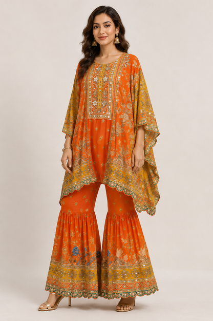 Orange & Mustard Printed Kaftan Style Kurti with Farshi Gharara Set for Women