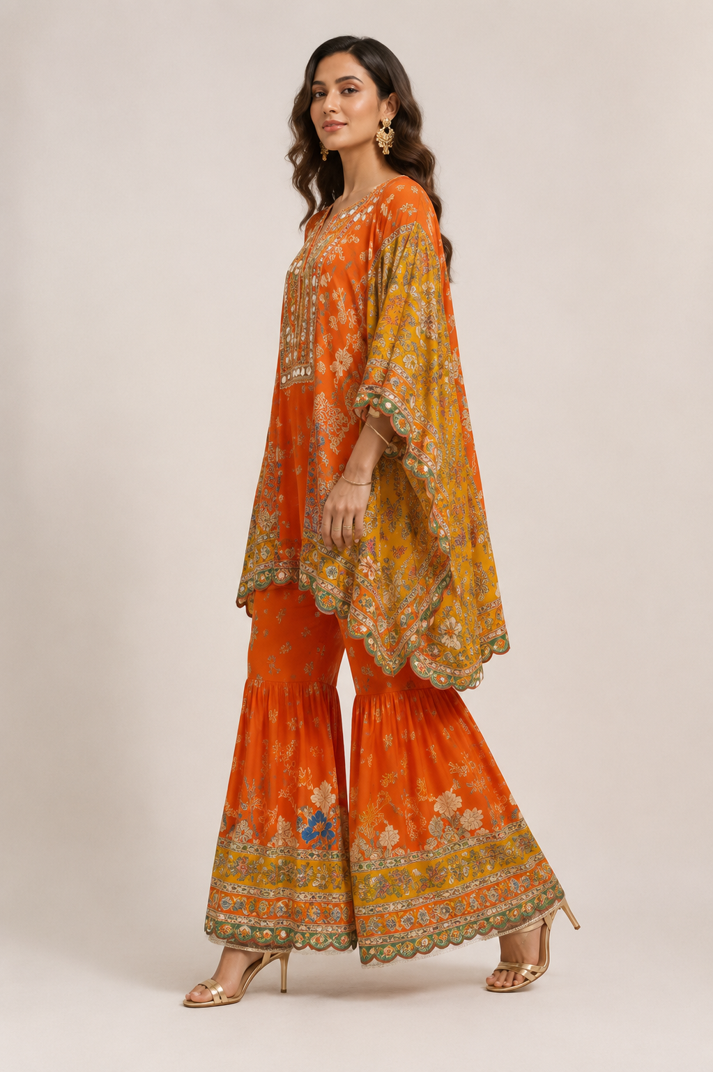 Orange & Mustard Printed Kaftan Style Kurti with Farshi Gharara Set for Women