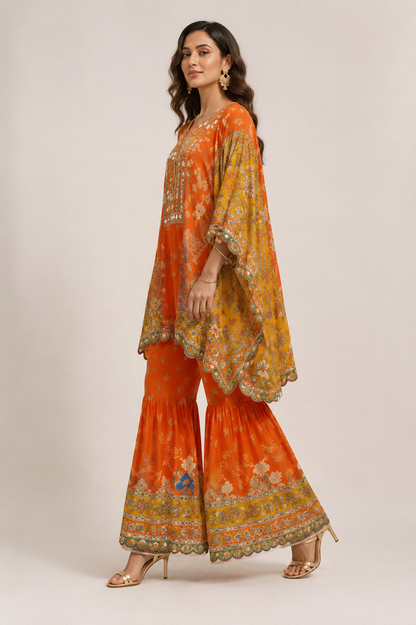 Orange & Mustard Printed Kaftan Style Kurti with Farshi Gharara Set for Women
