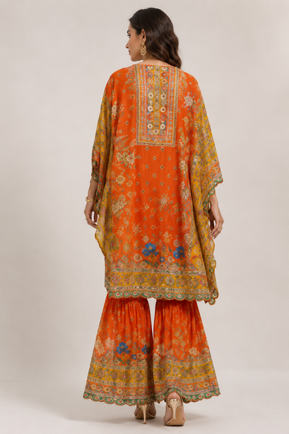 Orange & Mustard Printed Kaftan Style Kurti with Farshi Gharara Set for Women