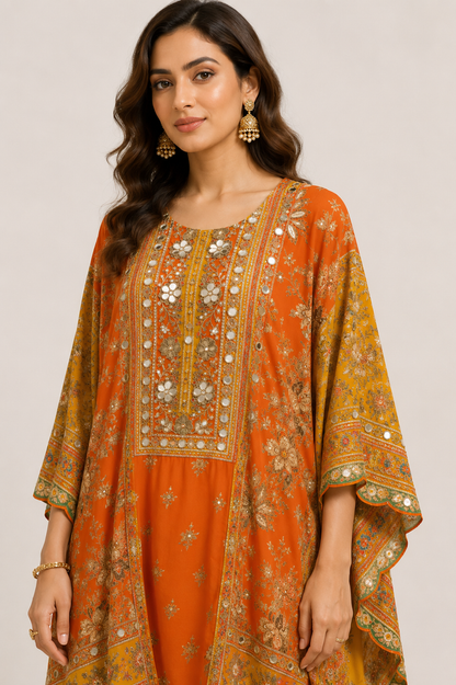Orange & Mustard Printed Kaftan Style Kurti with Farshi Gharara Set for Women
