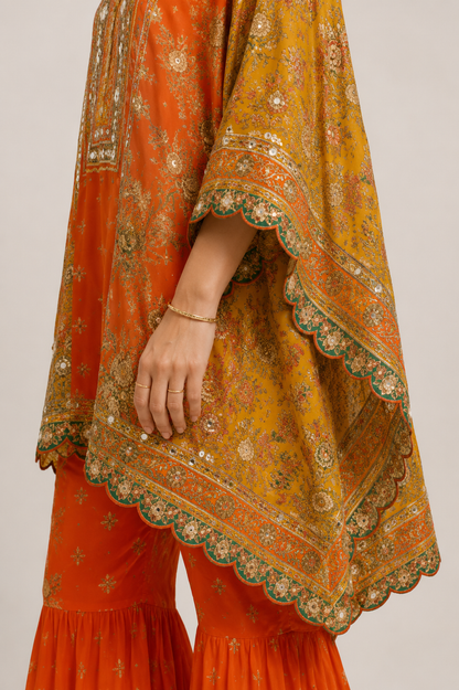 Orange & Mustard Printed Kaftan Style Kurti with Farshi Gharara Set for Women