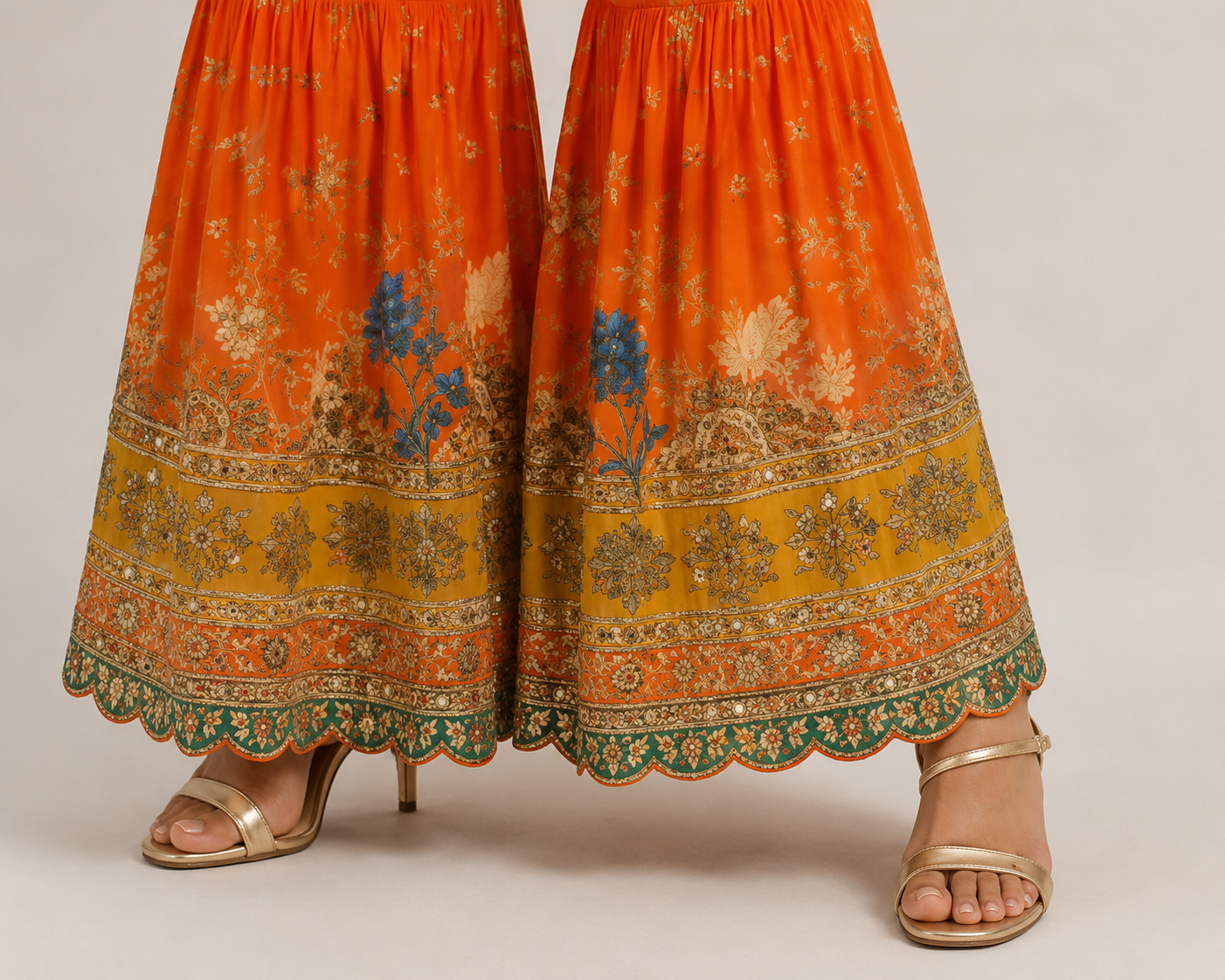 Orange & Mustard Printed Kaftan Style Kurti with Farshi Gharara Set for Women