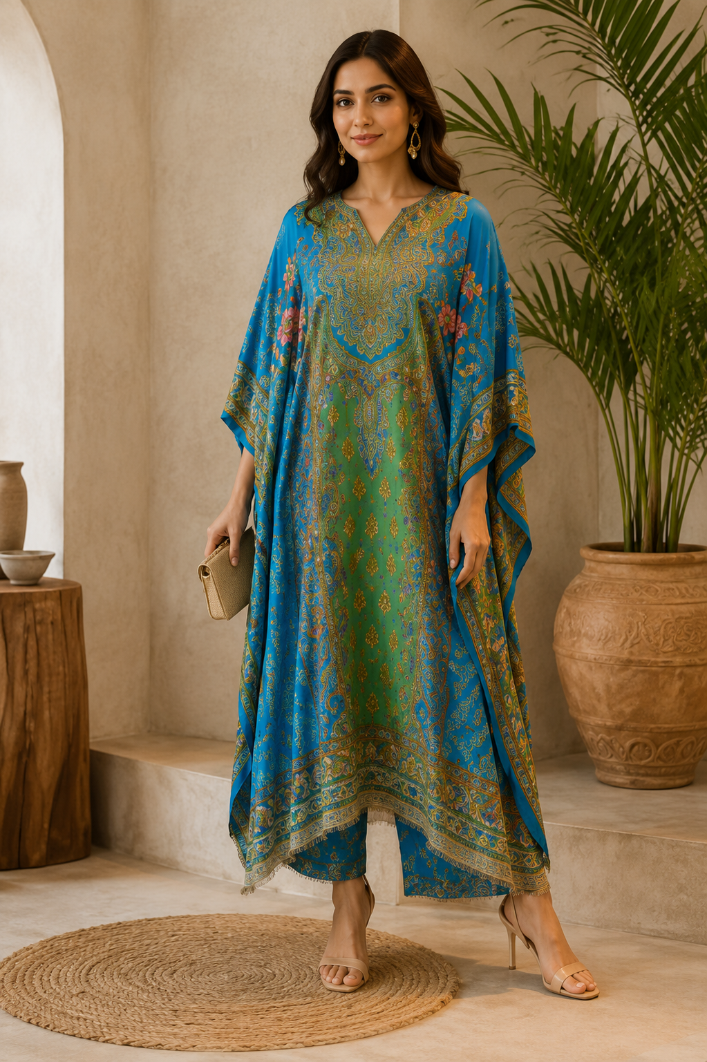 La Qayara Women's Royal Blue Paisley Printed Kaftan Co-Ord Set with Straight Pants