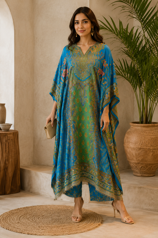 La Qayara Women's Royal Blue Paisley Printed Kaftan Co-Ord Set with Straight Pants