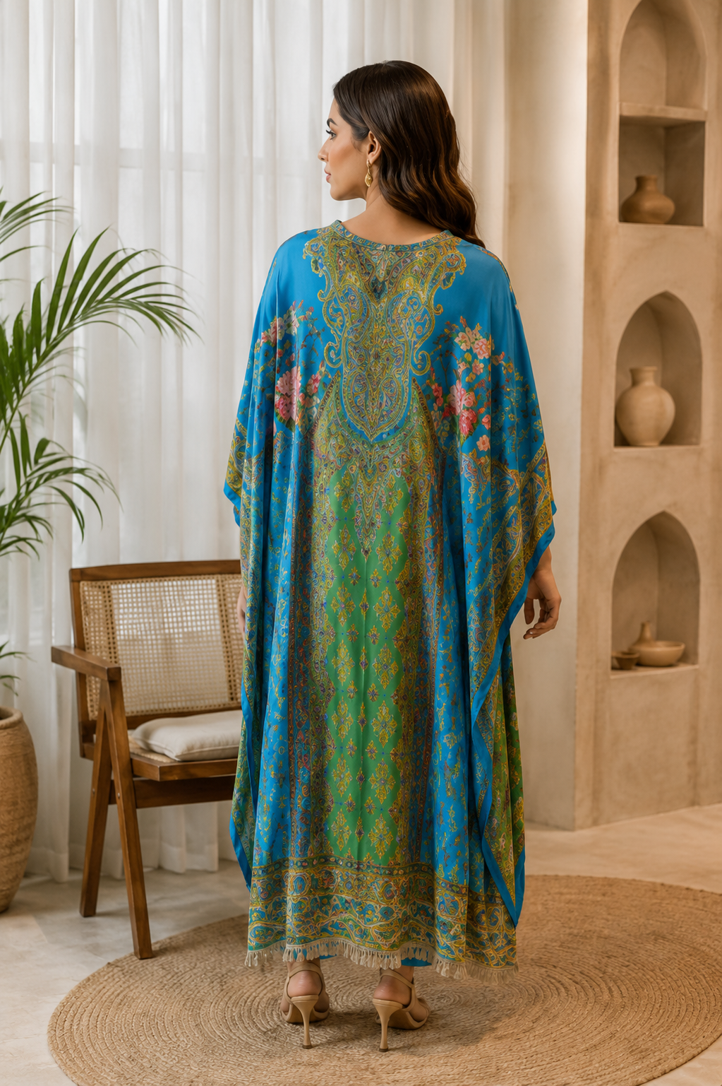 La Qayara Women's Royal Blue Paisley Printed Kaftan Co-Ord Set with Straight Pants