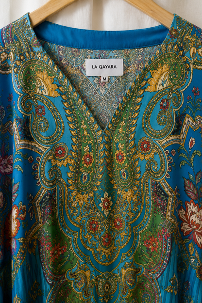 La Qayara Women's Royal Blue Paisley Printed Kaftan Co-Ord Set with Straight Pants