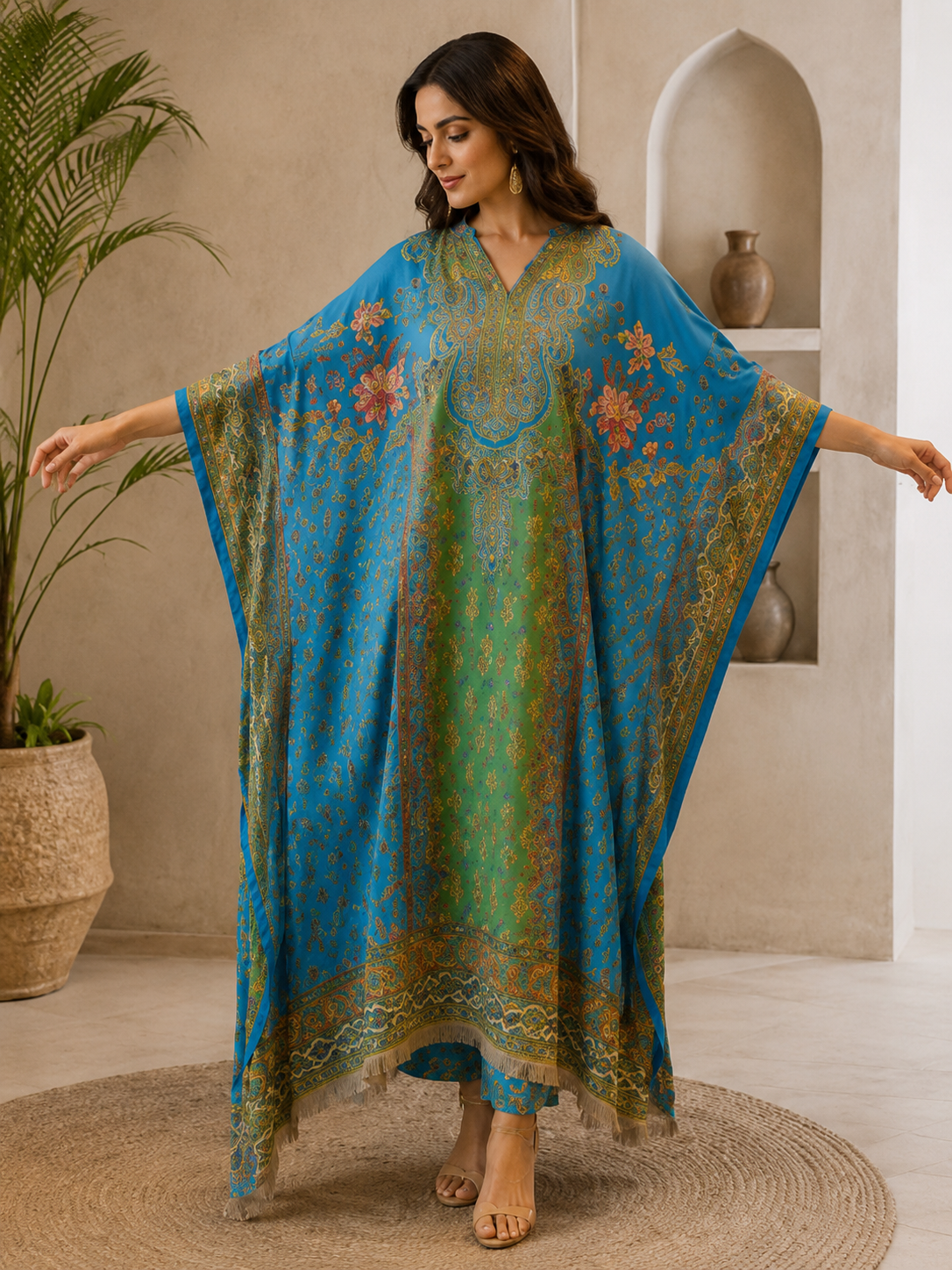 La Qayara Women's Royal Blue Paisley Printed Kaftan Co-Ord Set with Straight Pants