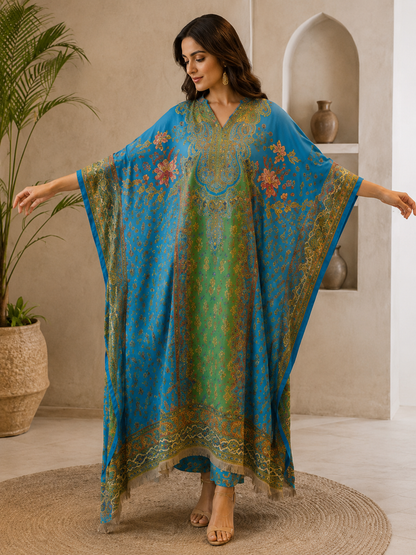 La Qayara Women's Royal Blue Paisley Printed Kaftan Co-Ord Set with Straight Pants