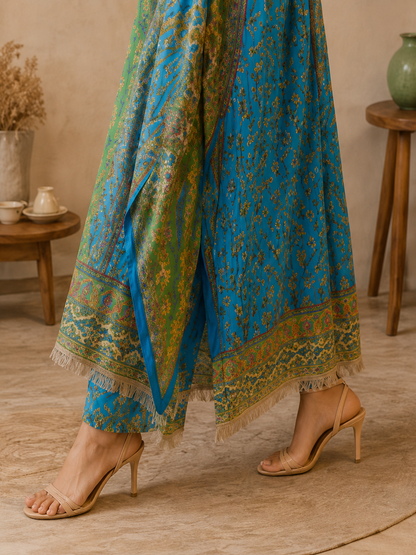 La Qayara Women's Royal Blue Paisley Printed Kaftan Co-Ord Set with Straight Pants
