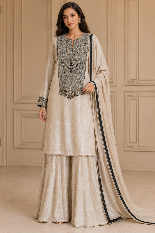 La Qayara Noor Ivory Embroidered Kurta Sharara Set with Dupatta | Premium Festive Wear for Women