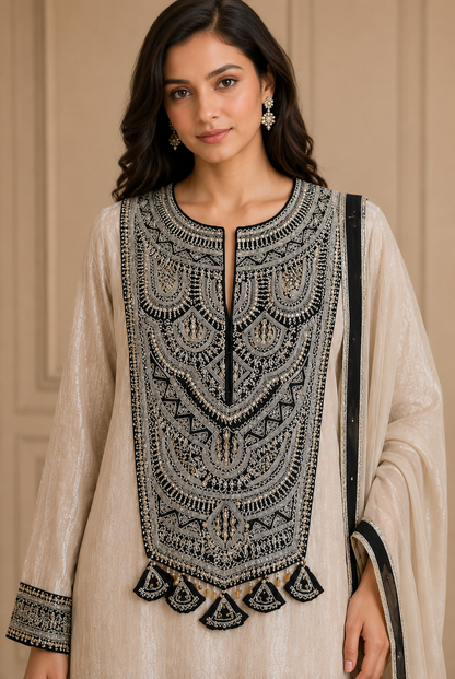 La Qayara Noor Ivory Embroidered Kurta Sharara Set with Dupatta | Premium Festive Wear for Women