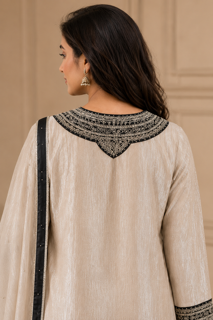 La Qayara Noor Ivory Embroidered Kurta Sharara Set with Dupatta | Premium Festive Wear for Women