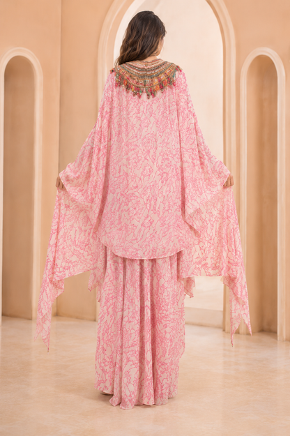 La Qayara Women's Pink Printed Drape Skirt Set with Embroidered Mirror Work Blouse & Cape Jacket | Indo-Western Party Wear Co-Ord Set