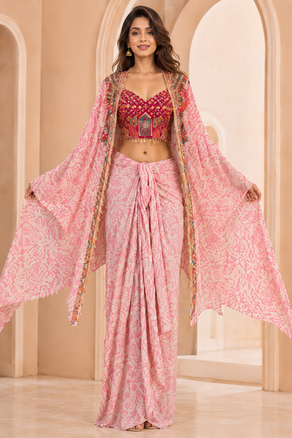 La Qayara Women's Pink Printed Drape Skirt Set with Embroidered Mirror Work Blouse & Cape Jacket | Indo-Western Party Wear Co-Ord Set