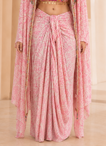 La Qayara Women's Pink Printed Drape Skirt Set with Embroidered Mirror Work Blouse & Cape Jacket | Indo-Western Party Wear Co-Ord Set