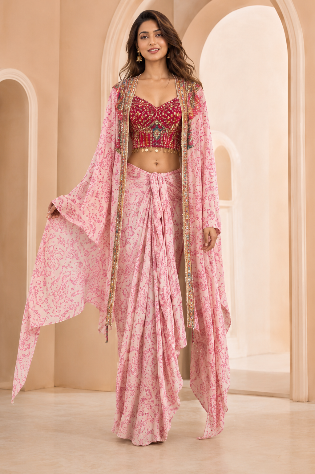 La Qayara Women's Pink Printed Drape Skirt Set with Embroidered Mirror Work Blouse & Cape Jacket | Indo-Western Party Wear Co-Ord Set