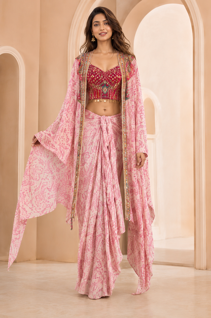 La Qayara Women's Pink Printed Drape Skirt Set with Embroidered Mirror Work Blouse & Cape Jacket | Indo-Western Party Wear Co-Ord Set