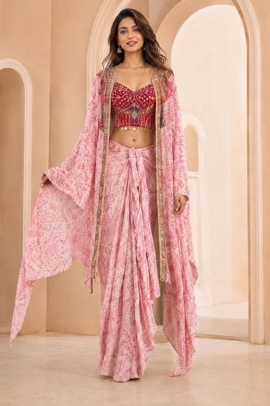 La Qayara Women's Pink Printed Drape Skirt Set with Embroidered Mirror Work Blouse & Cape Jacket | Indo-Western Party Wear Co-Ord Set