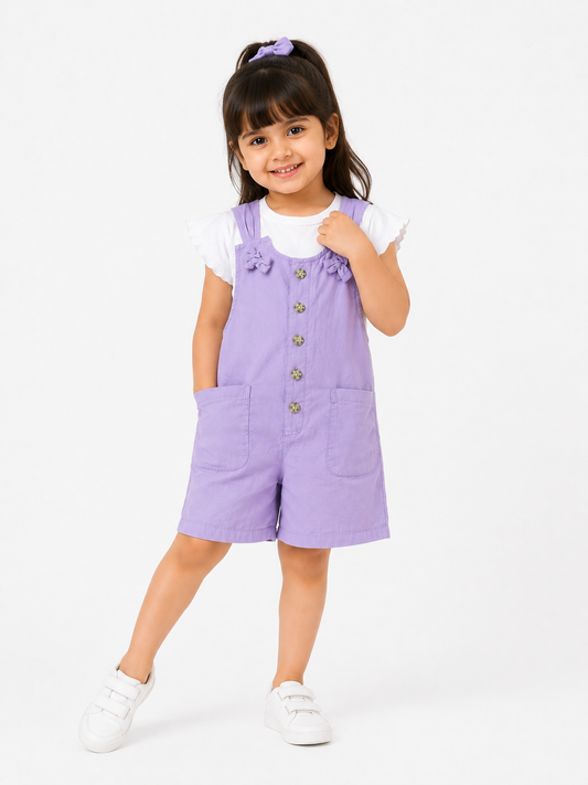 Girls Lilac Cotton Dungaree Shorts with White Top | Casual Summer Wear | LA QAYARA