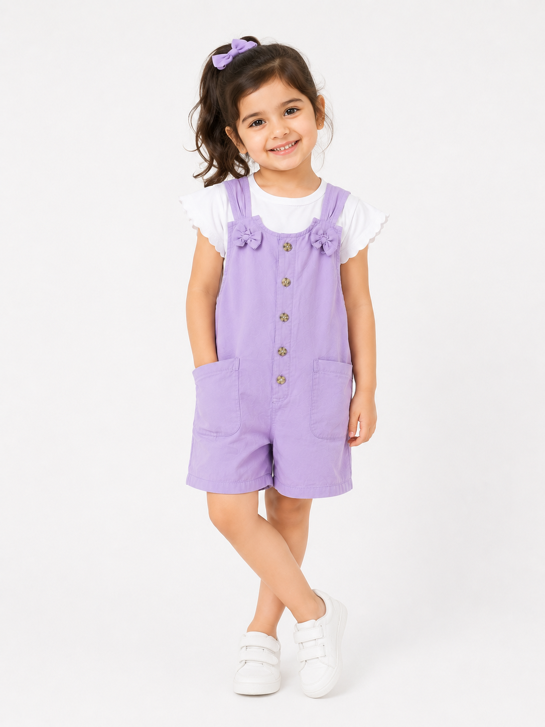 Girls Lilac Cotton Dungaree Shorts with White Top | Casual Summer Wear | LA QAYARA