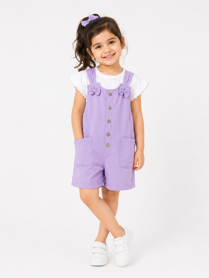 Girls Lilac Cotton Dungaree Shorts with White Top | Casual Summer Wear | LA QAYARA