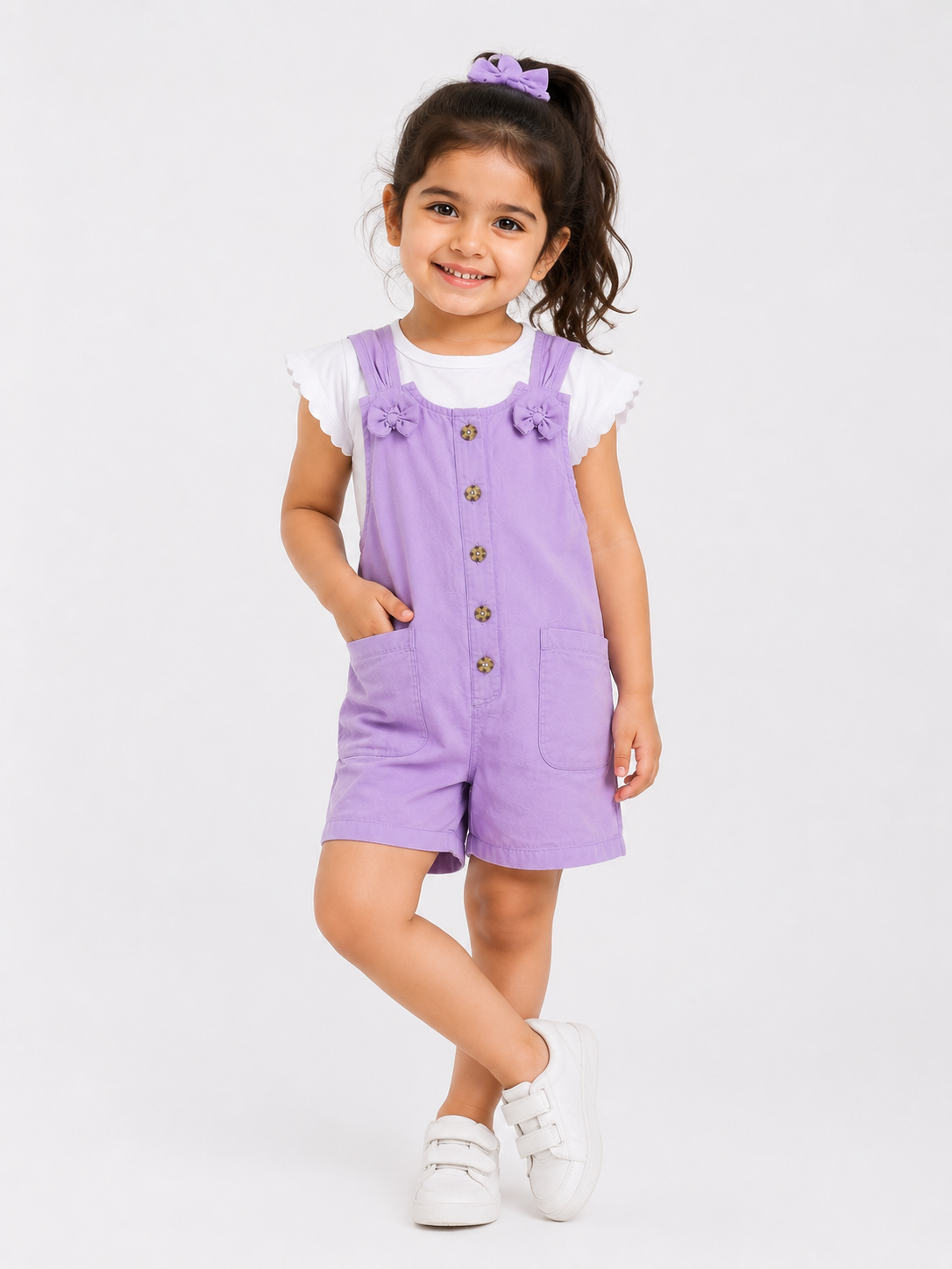 Girls Lilac Cotton Dungaree Shorts with White Top | Casual Summer Wear | LA QAYARA