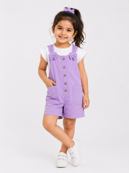 Girls Lilac Cotton Dungaree Shorts with White Top | Casual Summer Wear | LA QAYARA