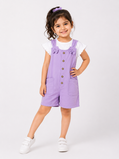 Girls Lilac Cotton Dungaree Shorts with White Top | Casual Summer Wear | LA QAYARA