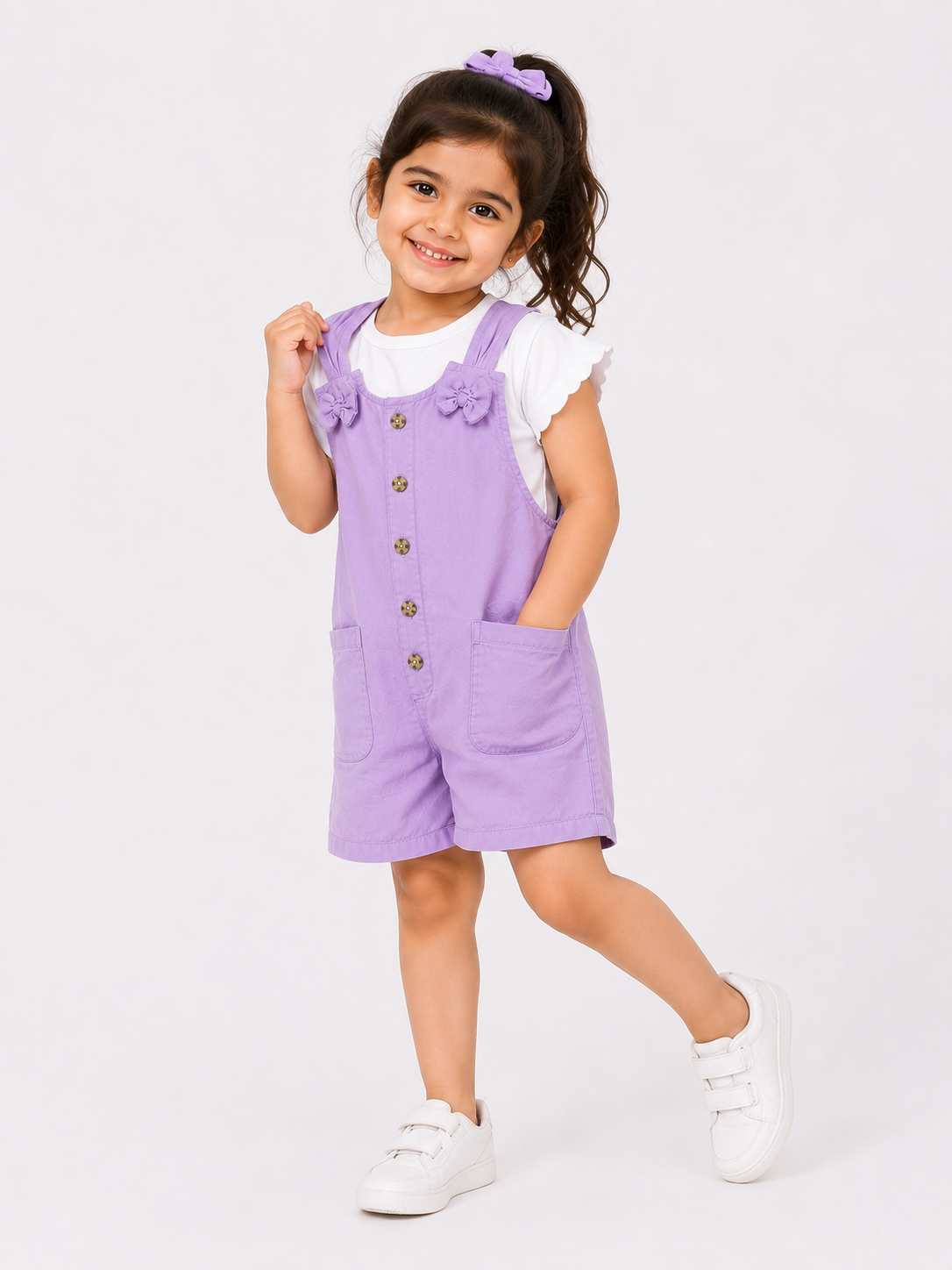 Girls Lilac Cotton Dungaree Shorts with White Top | Casual Summer Wear | LA QAYARA