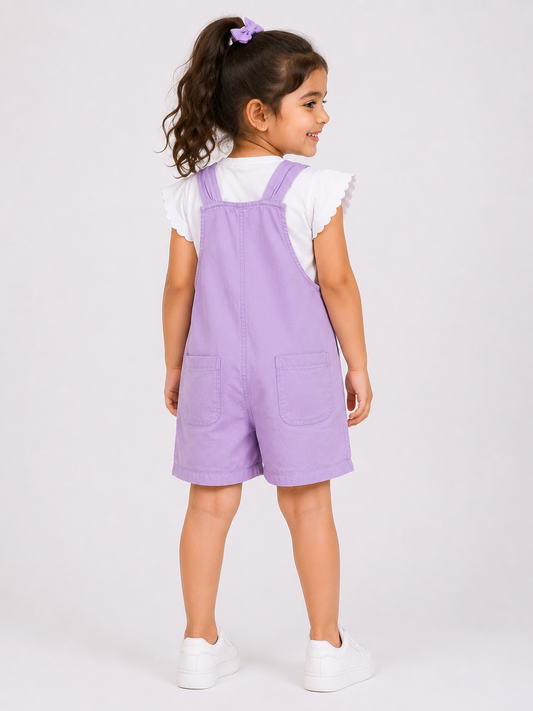 Girls Lilac Cotton Dungaree Shorts with White Top | Casual Summer Wear | LA QAYARA