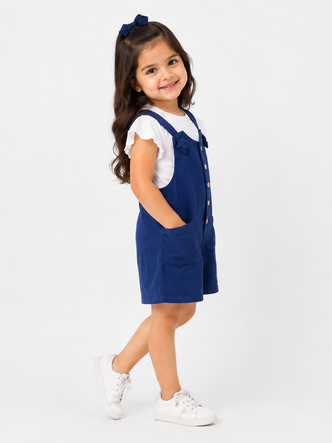 Girls Navy Blue Cotton Dungaree Romper with White Flutter Sleeve Top | Cute Casual Outfit | LA QAYARA