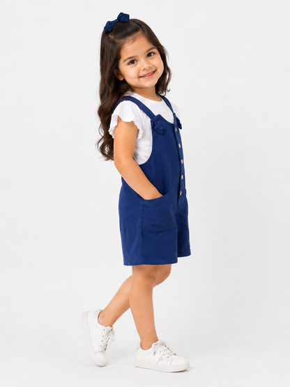 Girls Navy Blue Cotton Dungaree Romper with White Flutter Sleeve Top | Cute Casual Outfit | LA QAYARA